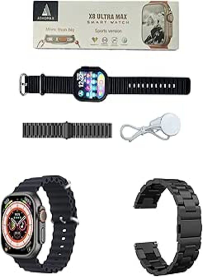 ADHOMAX New X8 Ultra max smart watch 2.2" HD Display, Fitness Tracker, Calls, Music, SpO2, Weather, Calender, Wireless Charging, wearfitpro app IOS, android for men, women (Black+MetalBlack Strap)